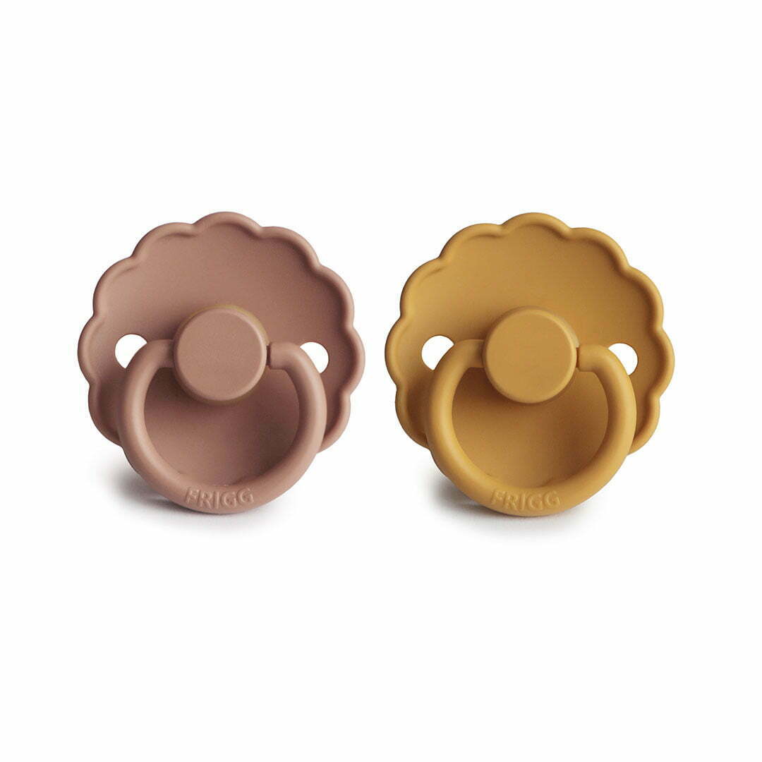 Latex Daisy Pacifiers 2 Pack in Honey Gold and Rose Gold from FRIGG