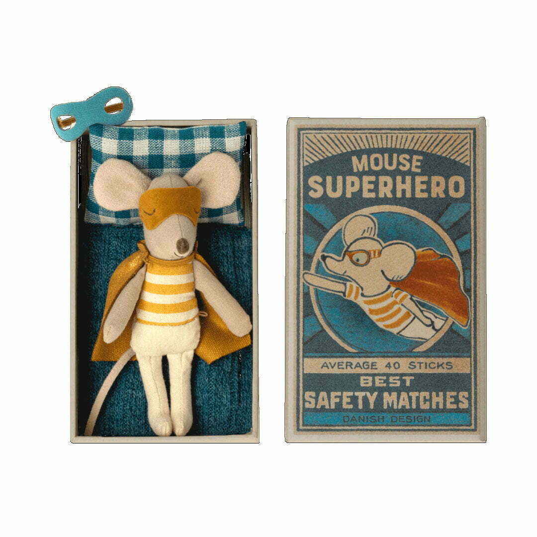 Super Hero Mouse from Maileg in Matchbox on blue Bedsheets with a yellow sleeping mask