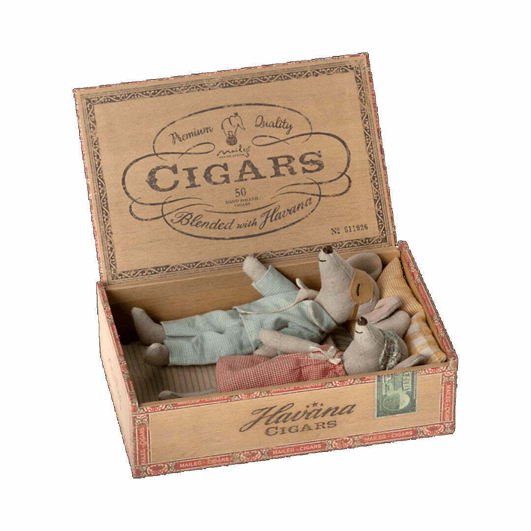 Maileg Mum and Dad mice in open cigarbox sleeping